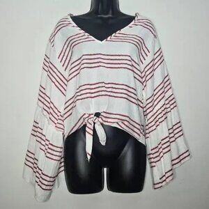 ANTHRO LAVENDER FIELD womens BLOUSE red WHITE tie LIGHTWEIGHT striped SIZE M